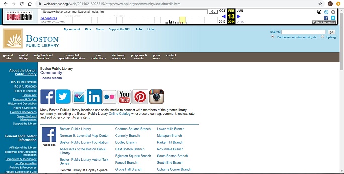 Screen shot of social media links on BPL's 2014 website